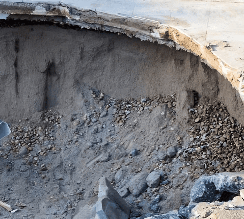 Large hole in concrete with exposed dirt.